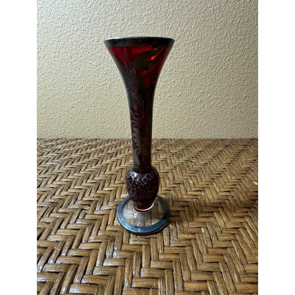 Vintage Bohemian Ruby Red Glass Vase Silver Overlay Floral Design Clear Base